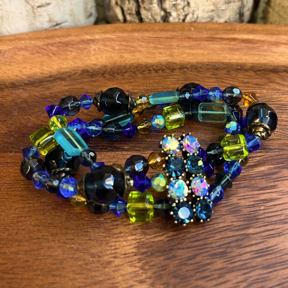 Artisan Glass Bead Stretch Bracelet Blue Green AB Crystal Statement